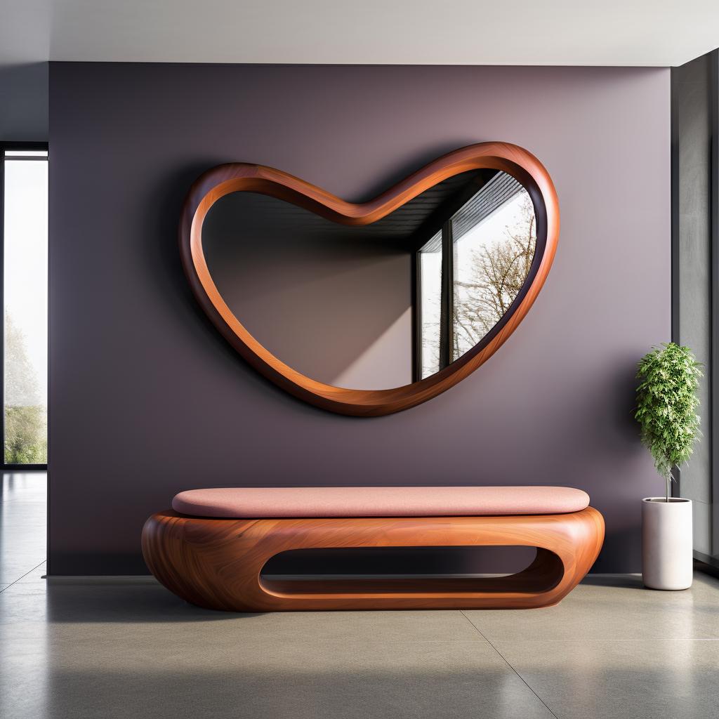 May include: A wall-mounted mirror with a smooth, dark wood frame shaped like an irregular, rounded heart. Below the mirror sits a low, elongated bench featuring a matching dark wood base with a central open cutout and a soft, light pink cushion.