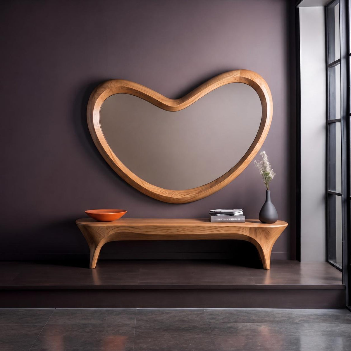 May include: A large, heart-shaped wall mirror with a thick, light-toned wooden frame. Below the mirror sits a long, curved wooden bench with four legs. On the bench are an orange bowl, a small stack of books, and a dark gray vase with dried flowers.