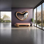 May include: A wooden bench with a pink upholstered seat and a hollow base, positioned below a large, heart-shaped wall mirror with a thick wooden frame. The furniture is set against a dark purple wall in a room with large glass windows.