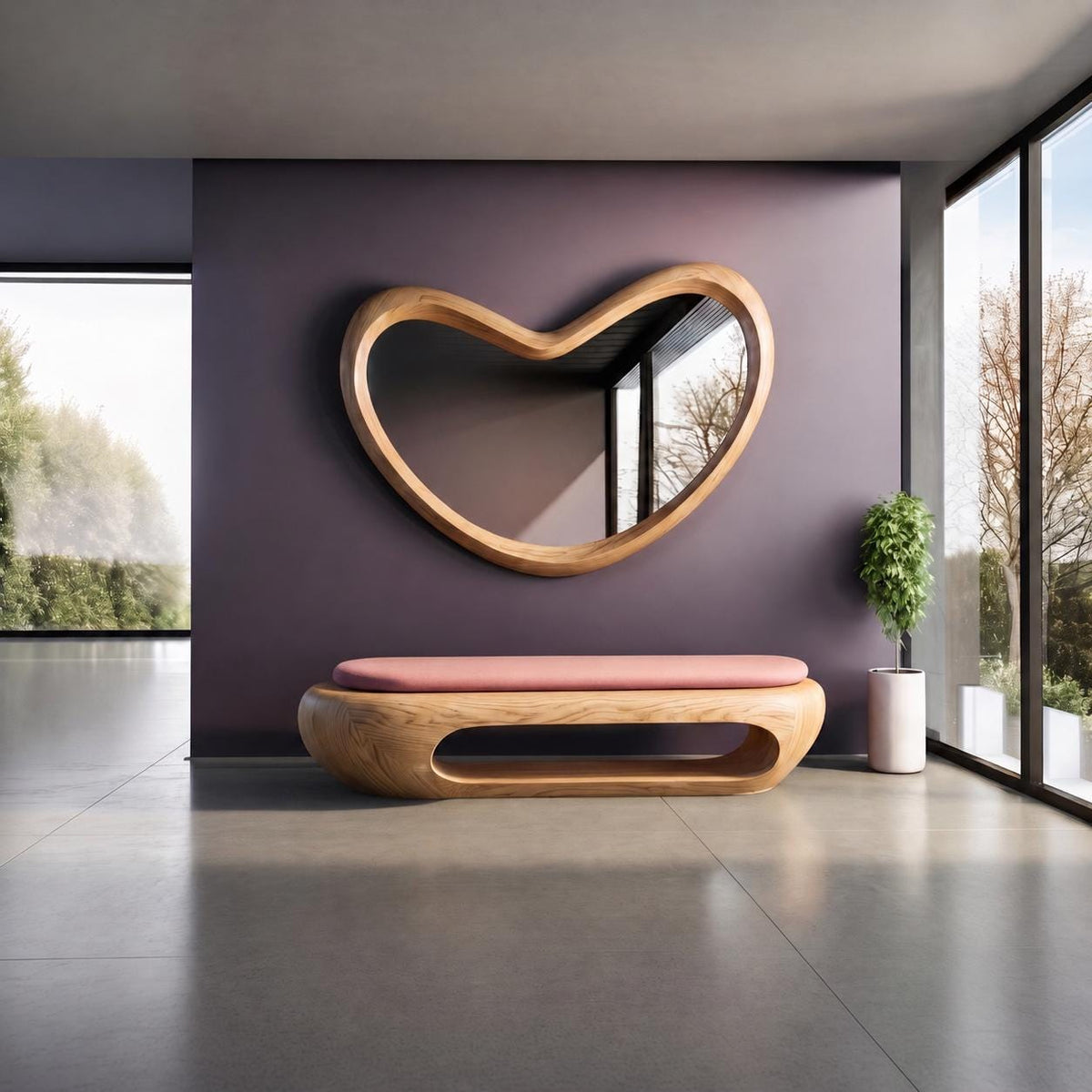 May include: A wooden bench with a smooth, light-colored wood grain base and a solid pink upholstered seat cushion, paired with a large, organic, heart-shaped wall mirror featuring a matching light-colored wooden frame.