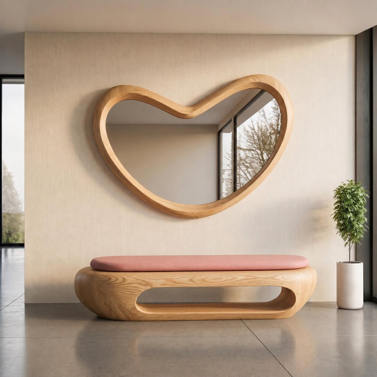 May include: A wall-mounted mirror with a thick, light-toned wooden frame in an irregular, organic bean shape. Below it sits a matching wooden bench with a smooth, rounded base and a long, rectangular cushion in a soft, muted pink color.