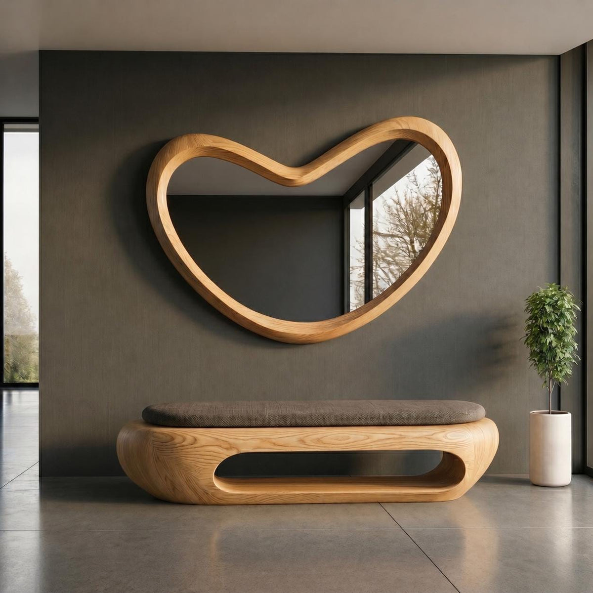 May include: A wall-mounted mirror with a thick, light-toned wooden frame shaped like an irregular, rounded heart. Below it sits a matching wooden bench with a dark gray upholstered seat and a hollow, open storage space in the base.